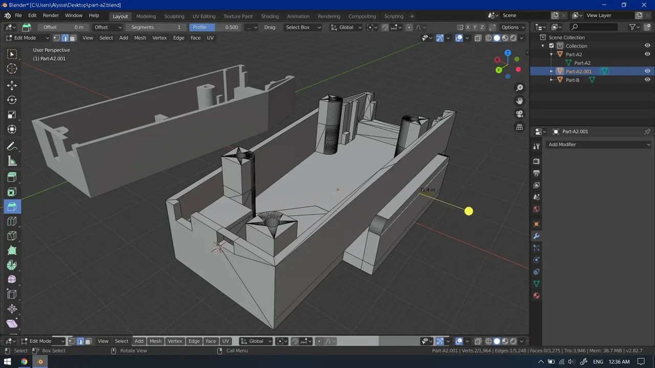 The housing modeled in Blender: the long body with mounting posts for the electronics, and its lid