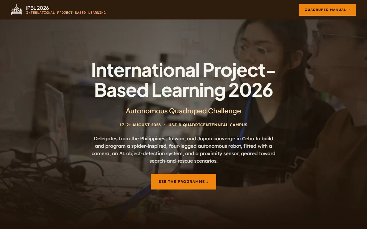 The iPBL 2026 home page: the title International Project-Based Learning 2026 over a photo of students at work, with the dates, venue and a See the Programme button