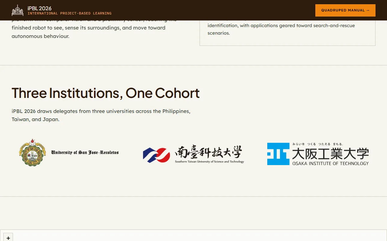 The Three Institutions, One Cohort section, with the logos of the University of San Jose-Recoletos, Southern Taiwan University of Science and Technology and Osaka Institute of Technology