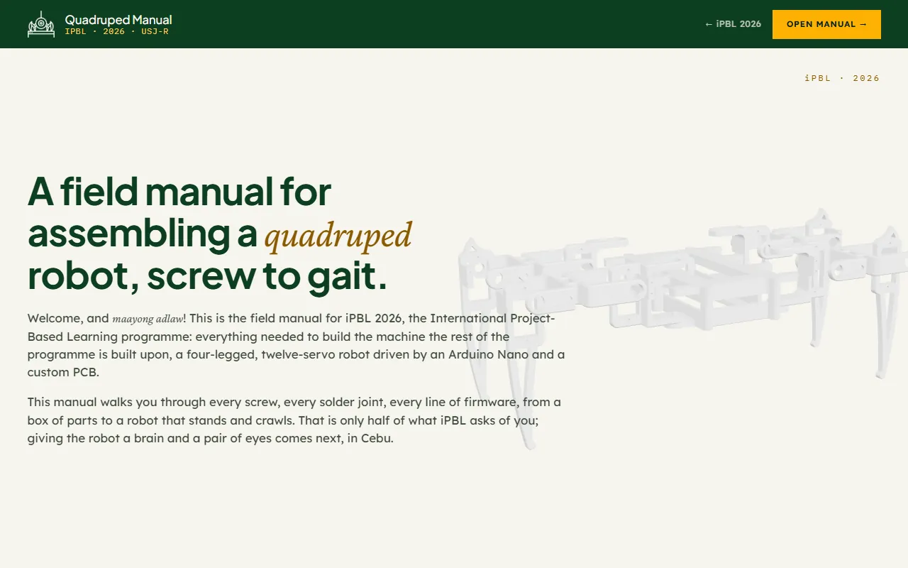 The Quadruped Manual's cover page, headed A field manual for assembling a quadruped robot, screw to gait, beside a 3D model of the robot