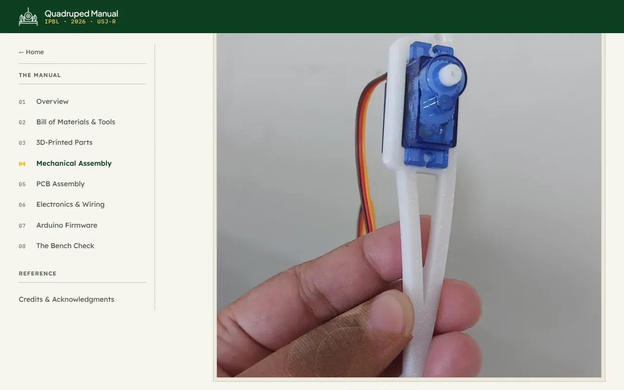 A Mechanical Assembly step, with a photo of a servo mounted and screwed into a printed leg part