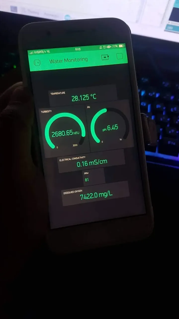 A phone showing the Water Monitoring dashboard: temperature, turbidity and pH gauges, electrical conductivity, and dissolved oxygen